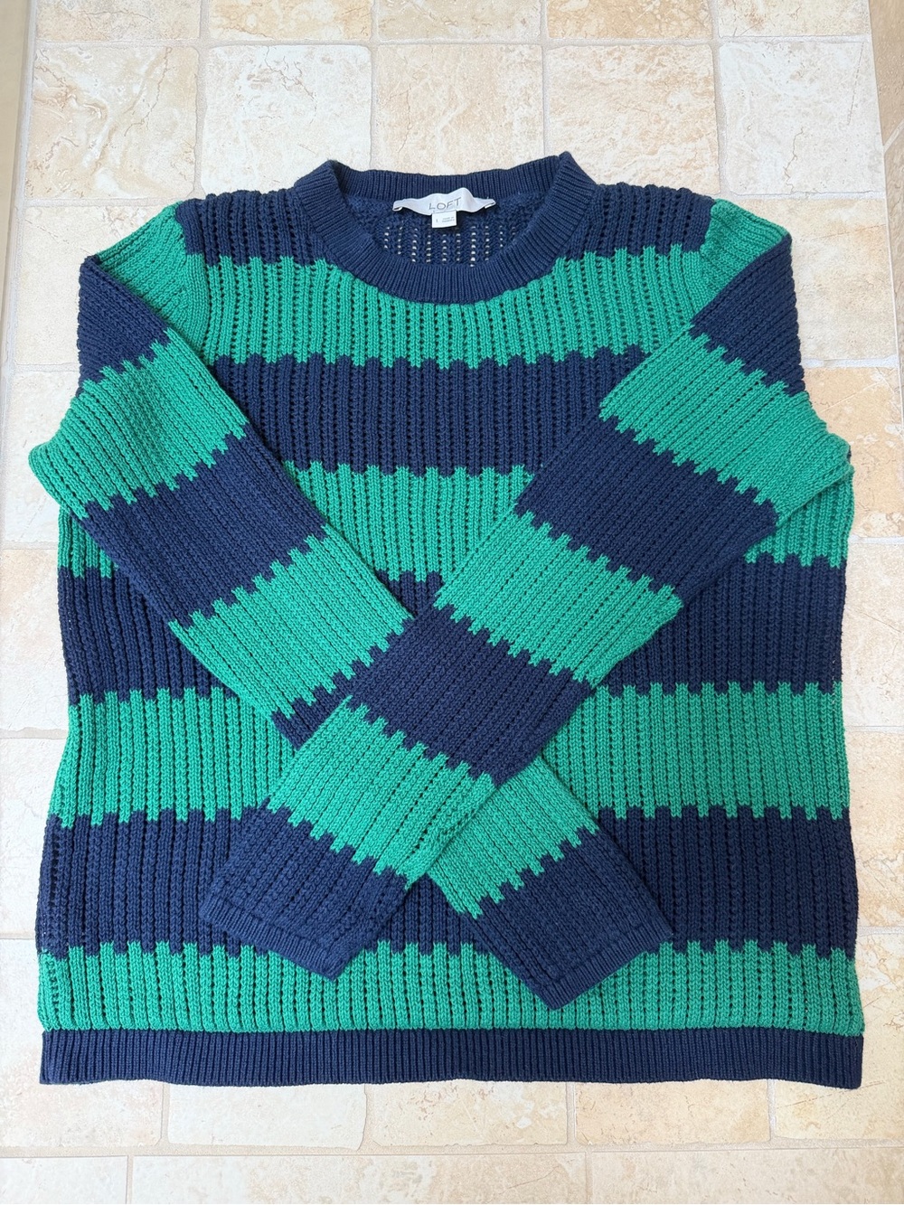 LOFT Striped Crewneck Sweater in Green and Navy